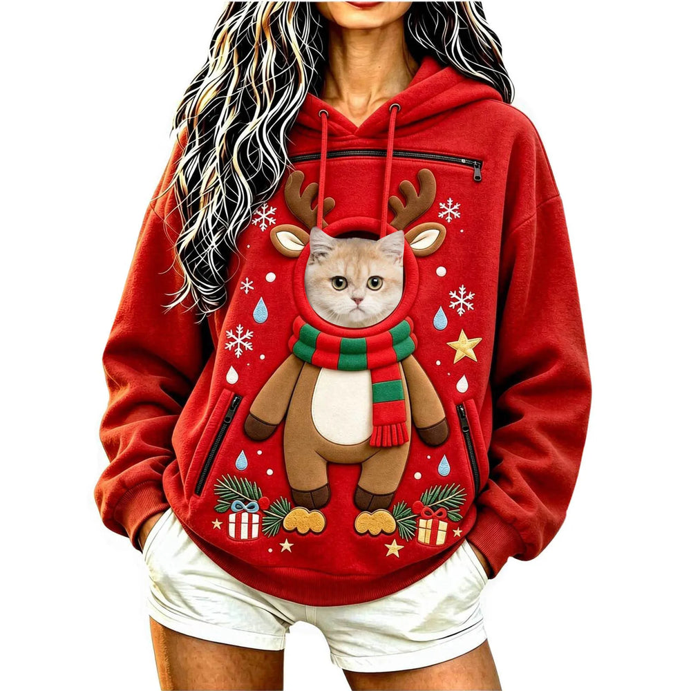 Cat peeking out of the Reindeer pet pocket Christmas hoodie
