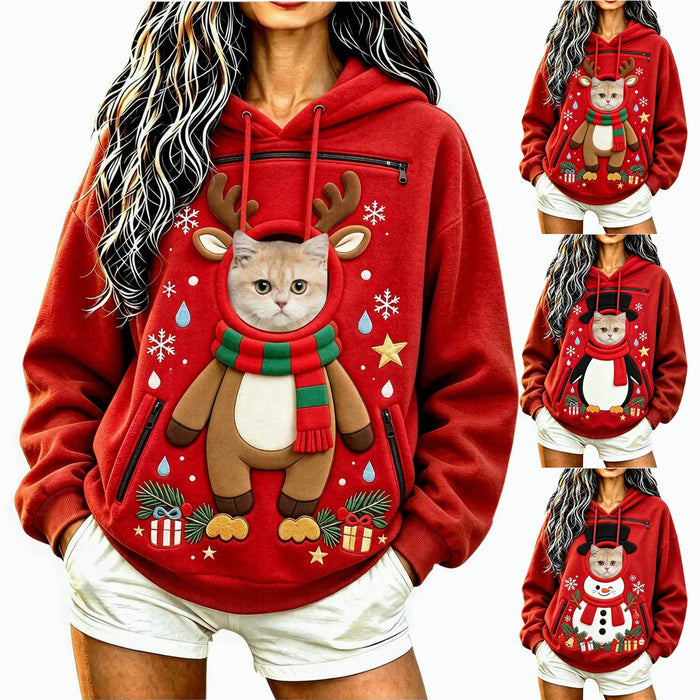 Reindeer pet pocket hoodie worn with a cat inside