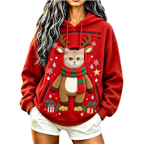 Cat peeking out of the Reindeer pet pocket Christmas hoodie