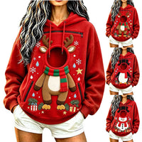 Woman wearing the Reindeer pet pocket hoodie, relaxed fit