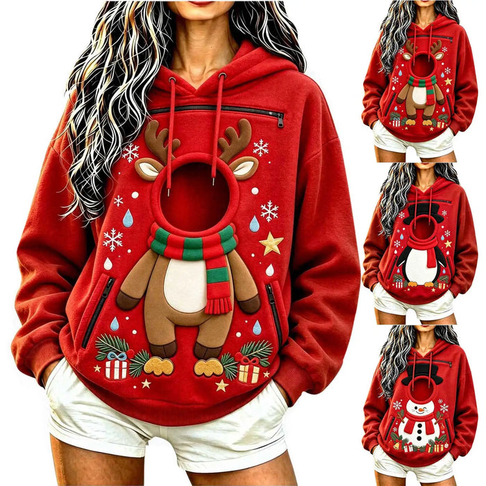Woman wearing the Reindeer pet pocket hoodie, relaxed fit